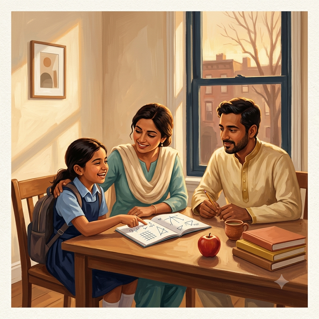 A Bangladeshi-American family studying together at a kitchen table